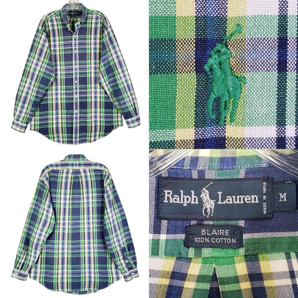 Polo Ralph Lauren Oxford Shirt Medium Green Blue Plaid LS Blaire Button Down